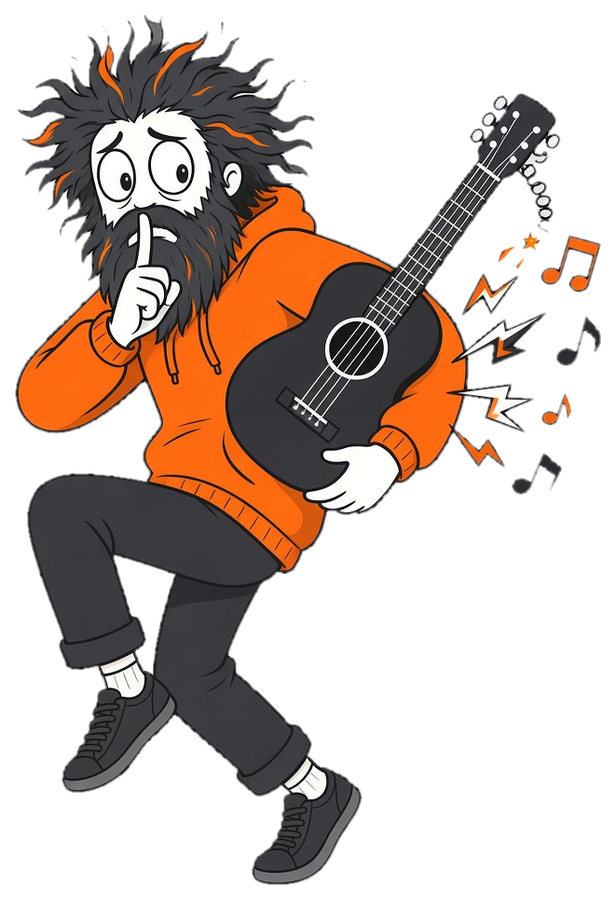 SoundSneak mascot: a wild-haired, bearded guy in an orange hoodie and dark sneakers, tiptoeing and shushing while his guitar twangs loudly with a busted string